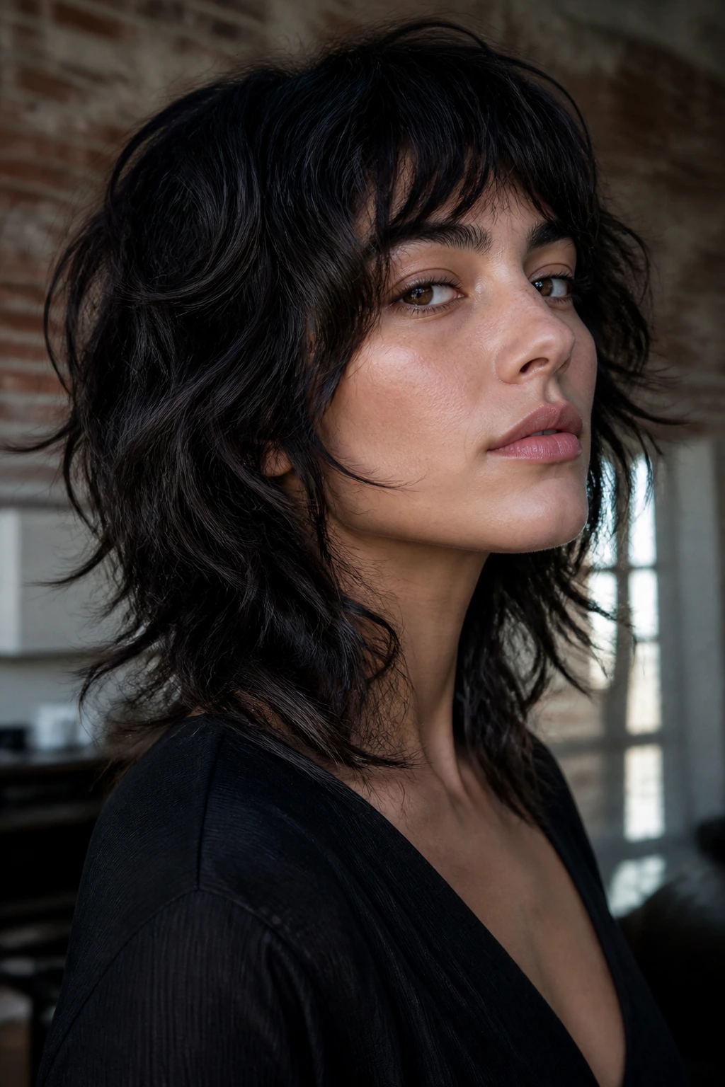 Real person with jagged razor shag hairstyle against brick wall.