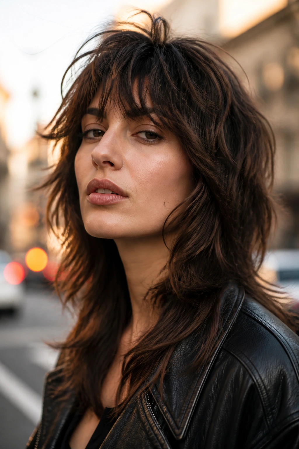 Close-up portrait of a real person with Jagger-edge shag in urban setting