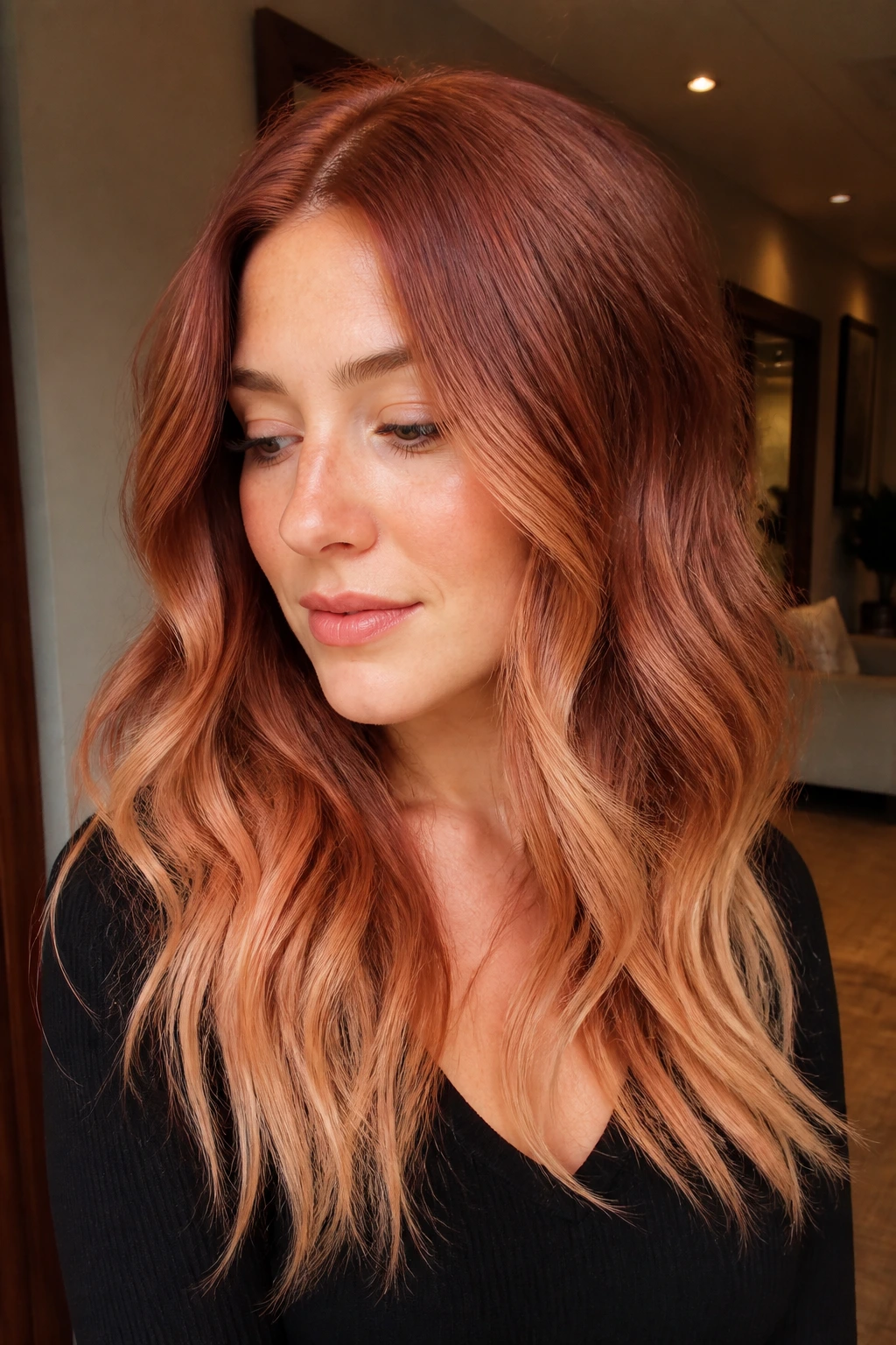 Real woman with jammy red-blend strawberry blonde hair featuring rich berry-copper tones.