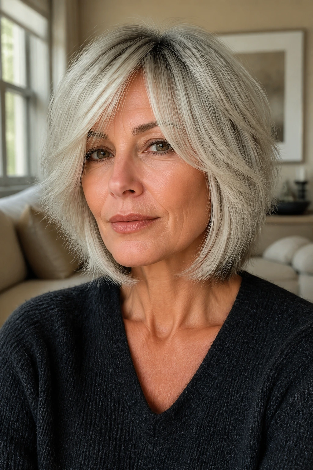 Close-up portrait of a real woman with platinum jaw-framing wolf cut and soft rounded edges near the jaw
