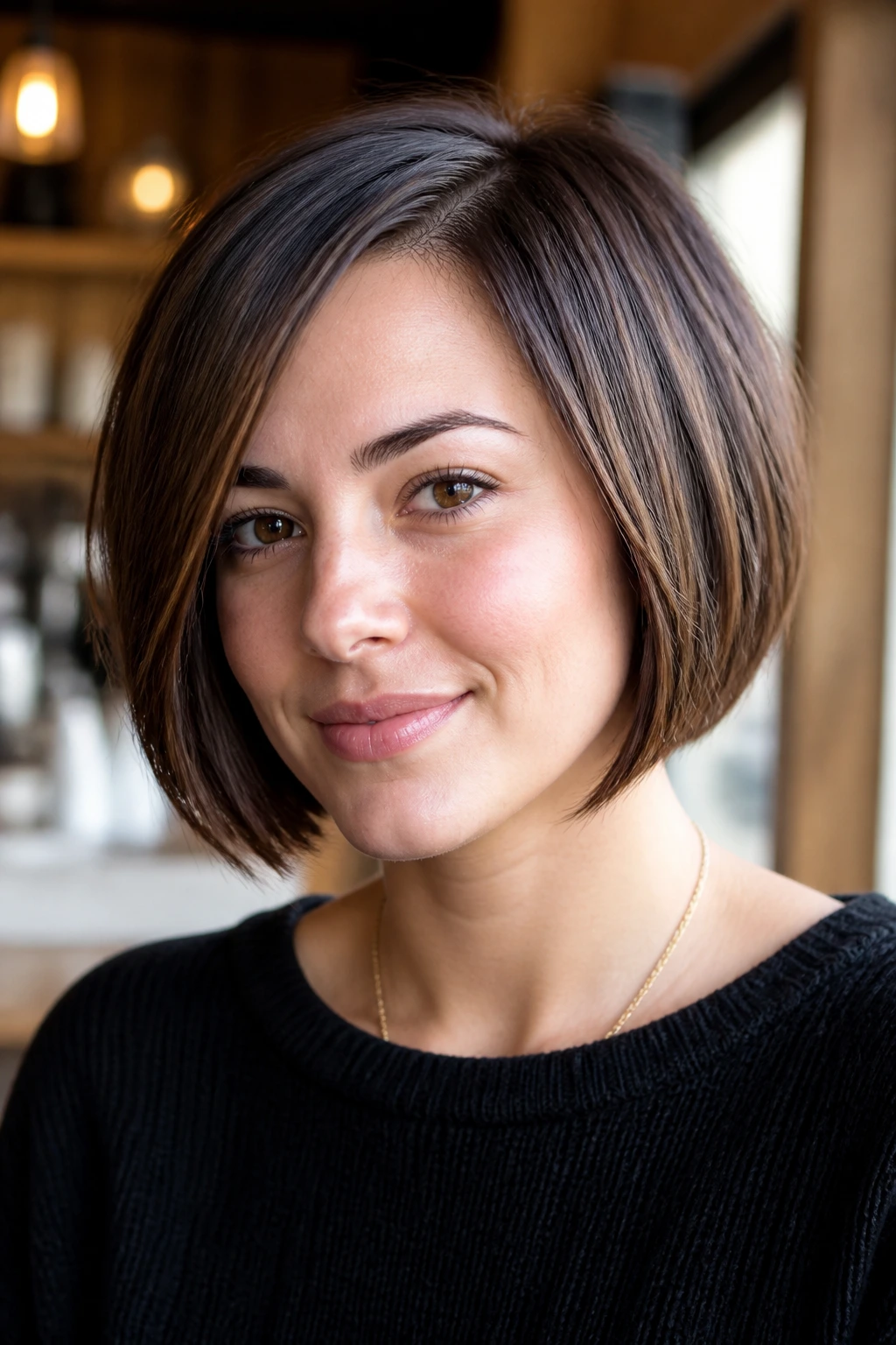 Close-up portrait of a woman with a jaw-grazing A-line bob in warm cafe light
