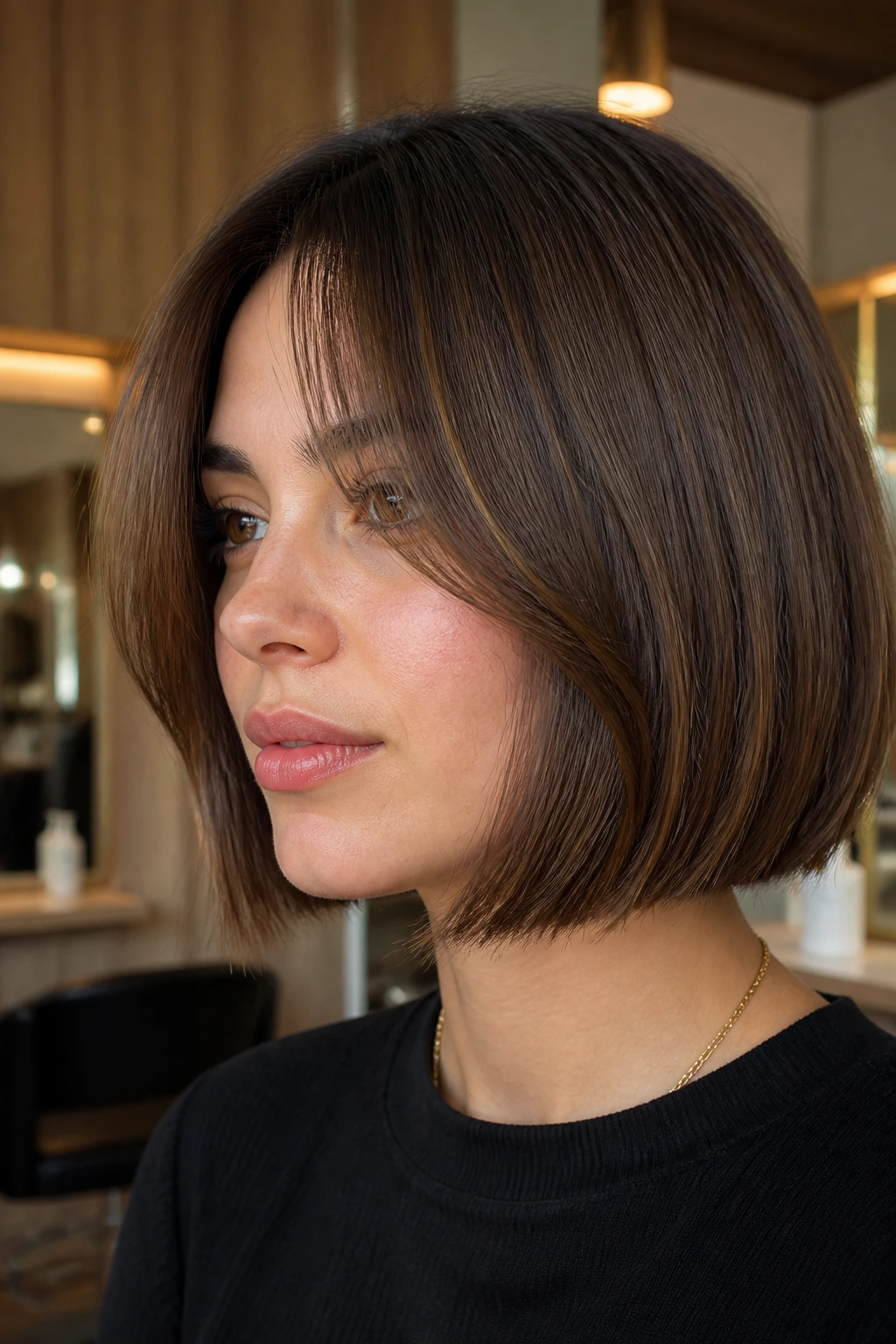 Woman with jaw-grazing blunt bob and soft curtain bangs in a stylish salon