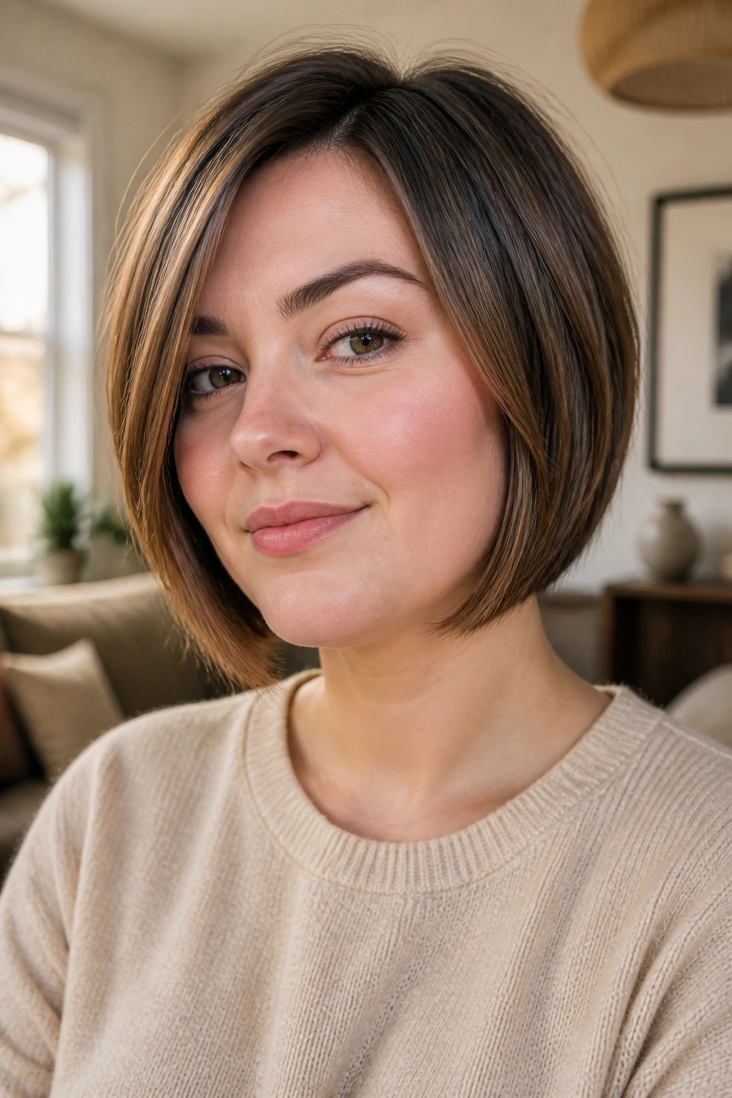 Close-up of a real woman with a jaw-grazing bob on a round face