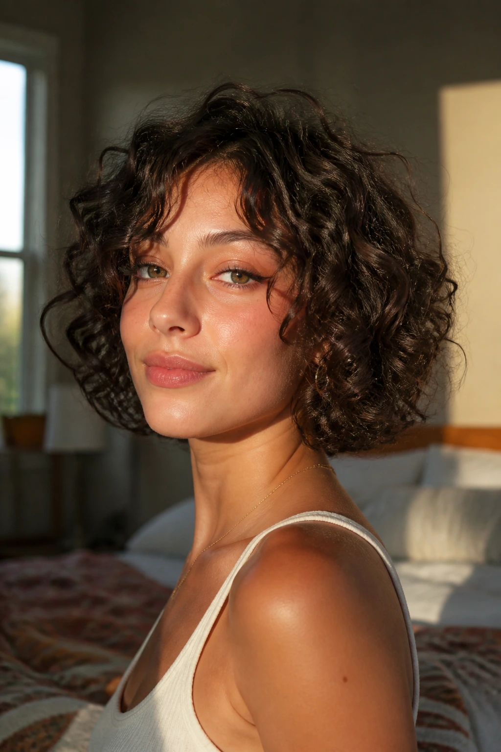 Close-up of a jaw-grazing curly bob with face-framing layers on a real woman