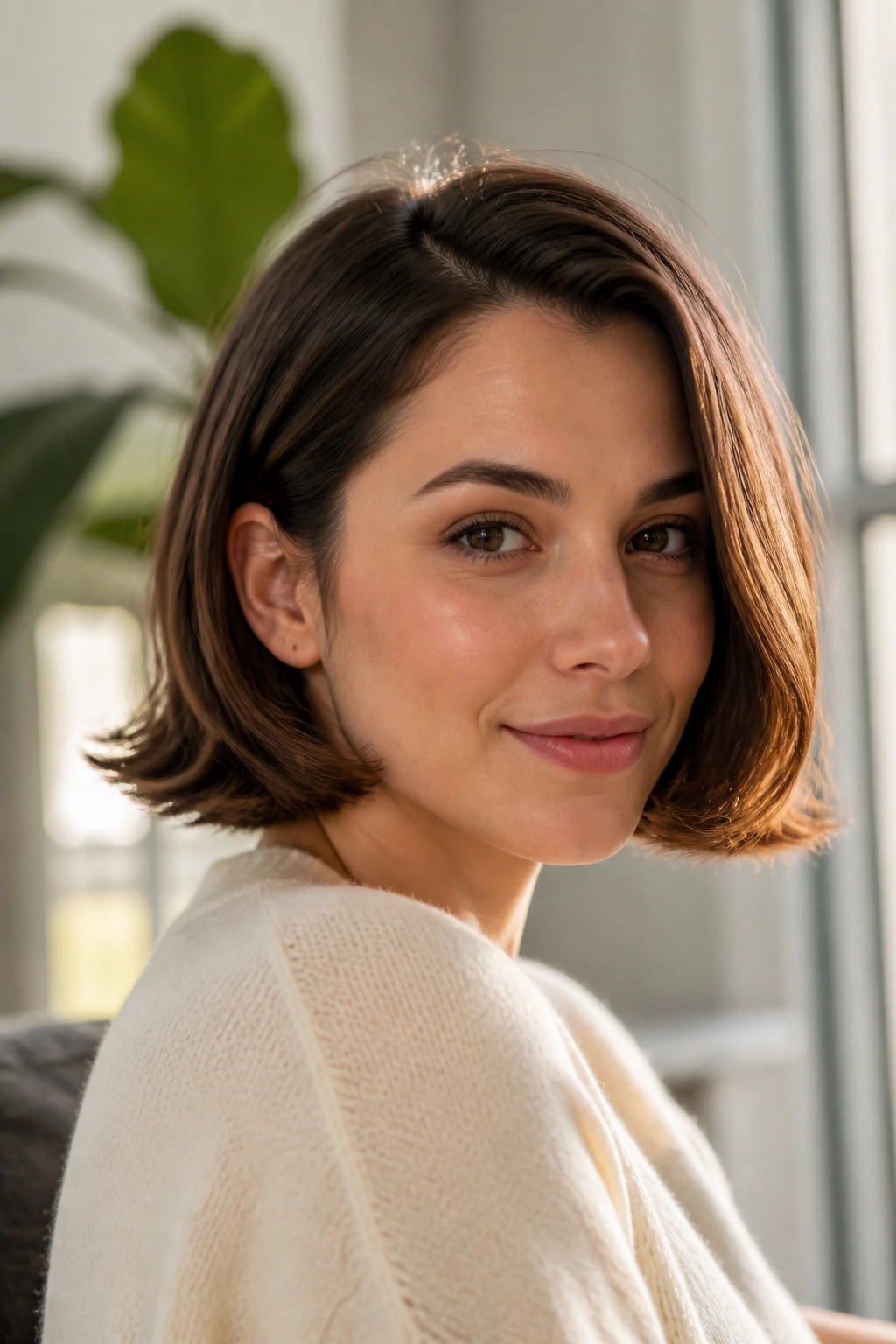 Close-up portrait of a real woman with jaw-grazing flip bob in warm window light