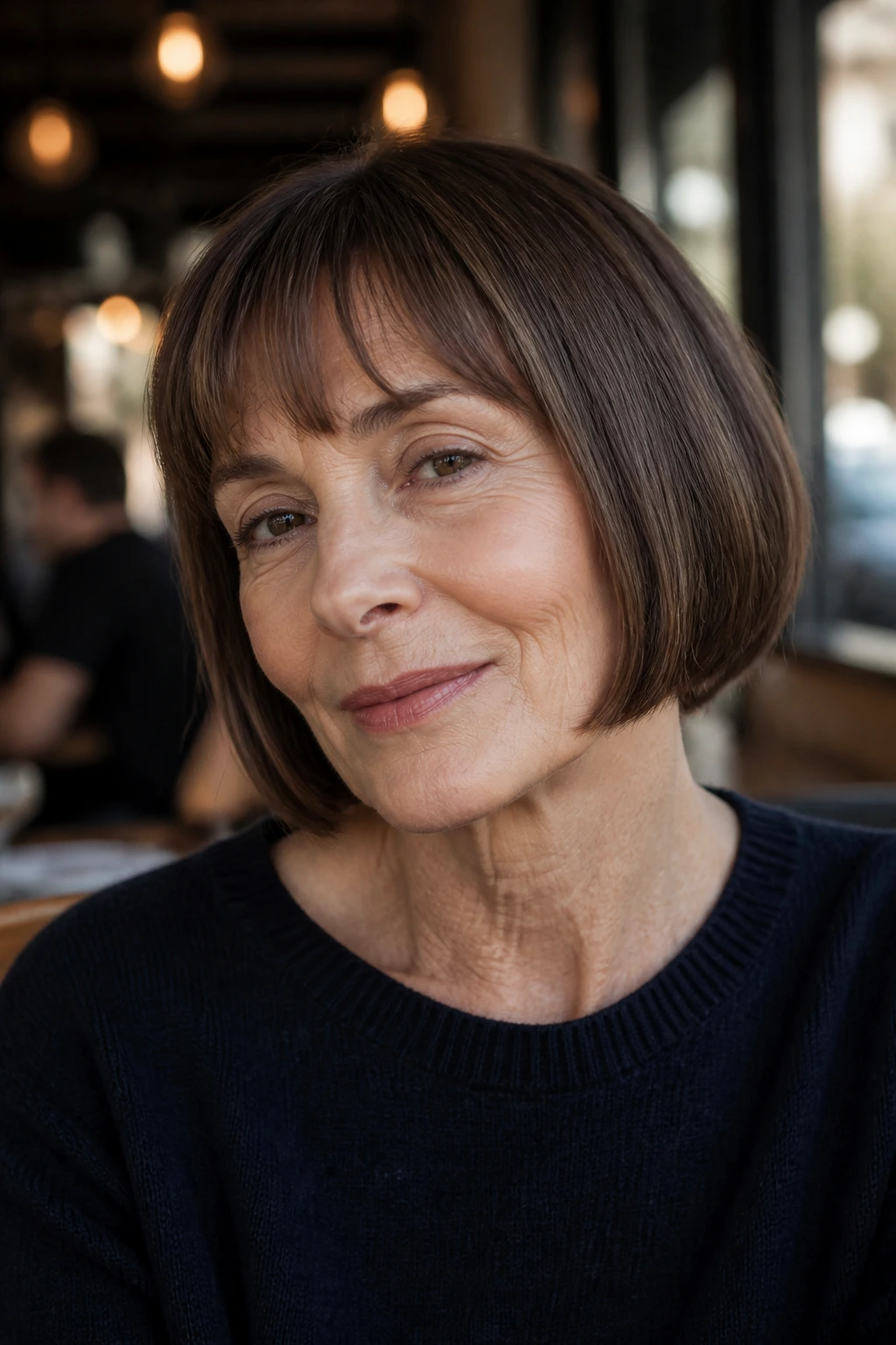 Portrait of a woman with a blunt jaw-length French bob and clean line.