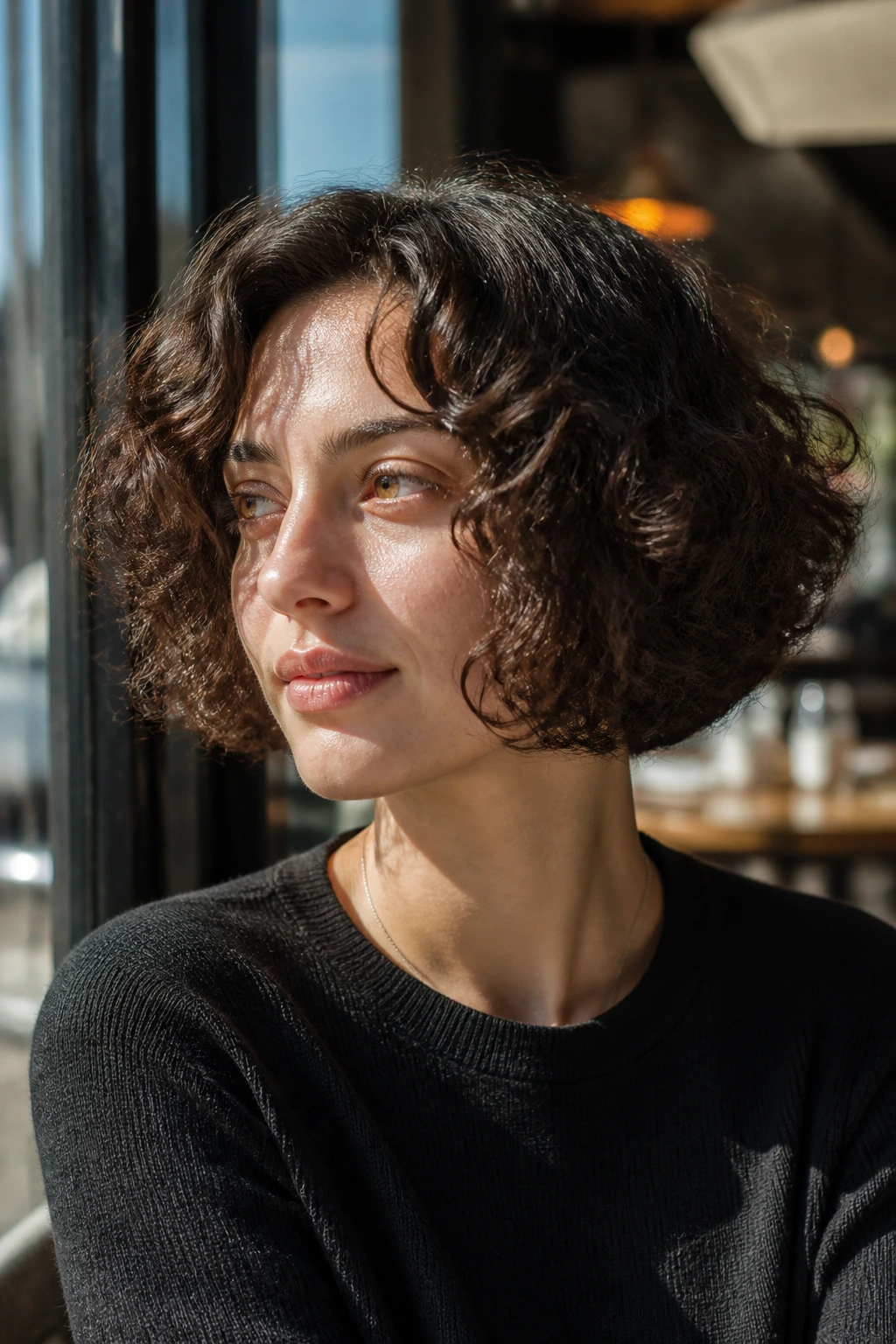Portrait of real person with jaw-grazing French bob in cafe light.