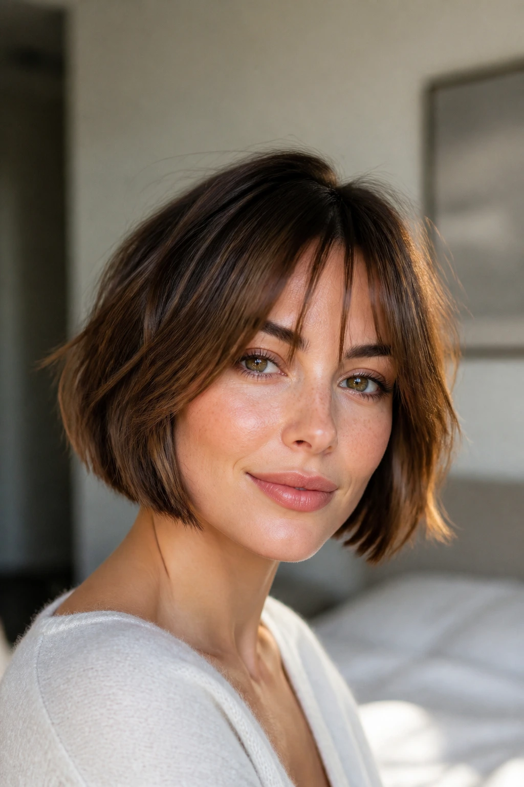 Close-up of a real woman with a jaw-length French bob and feathered wisps under natural window light.