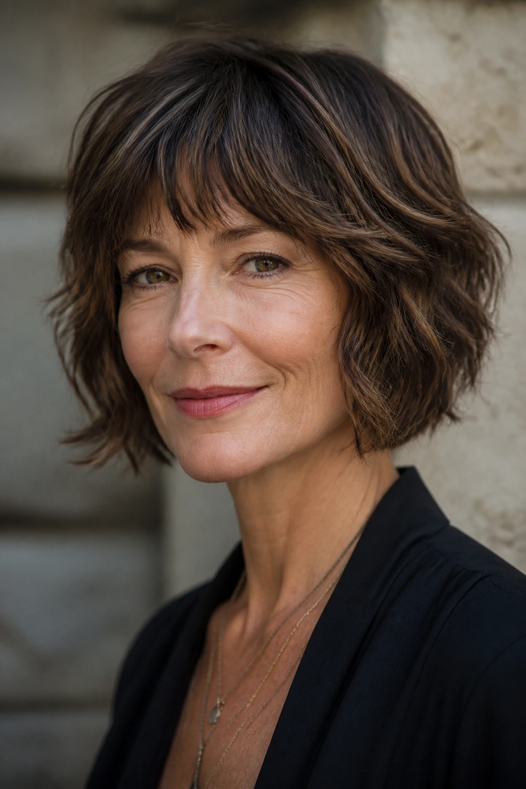 Close-up portrait of a real person with jaw-grazing French shag and soft layers