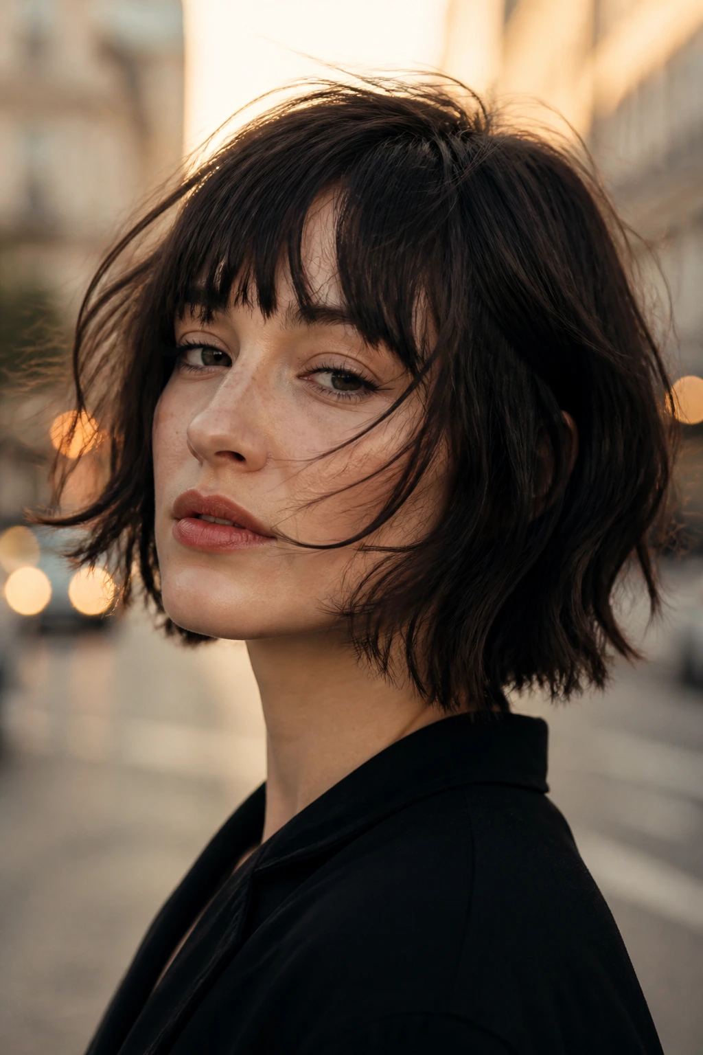 Close-up of a real person with a jaw-grazing lob and broken fringe