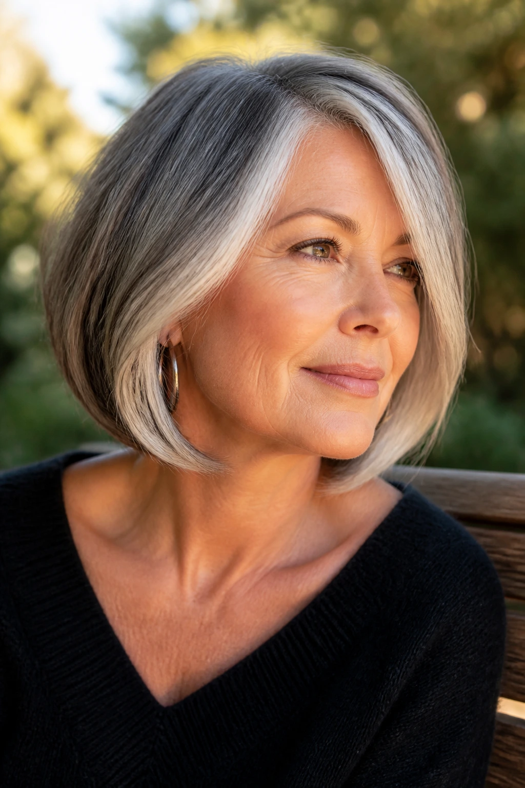 Close-up of a real woman's face with a jaw-grazing lob and silver face frame