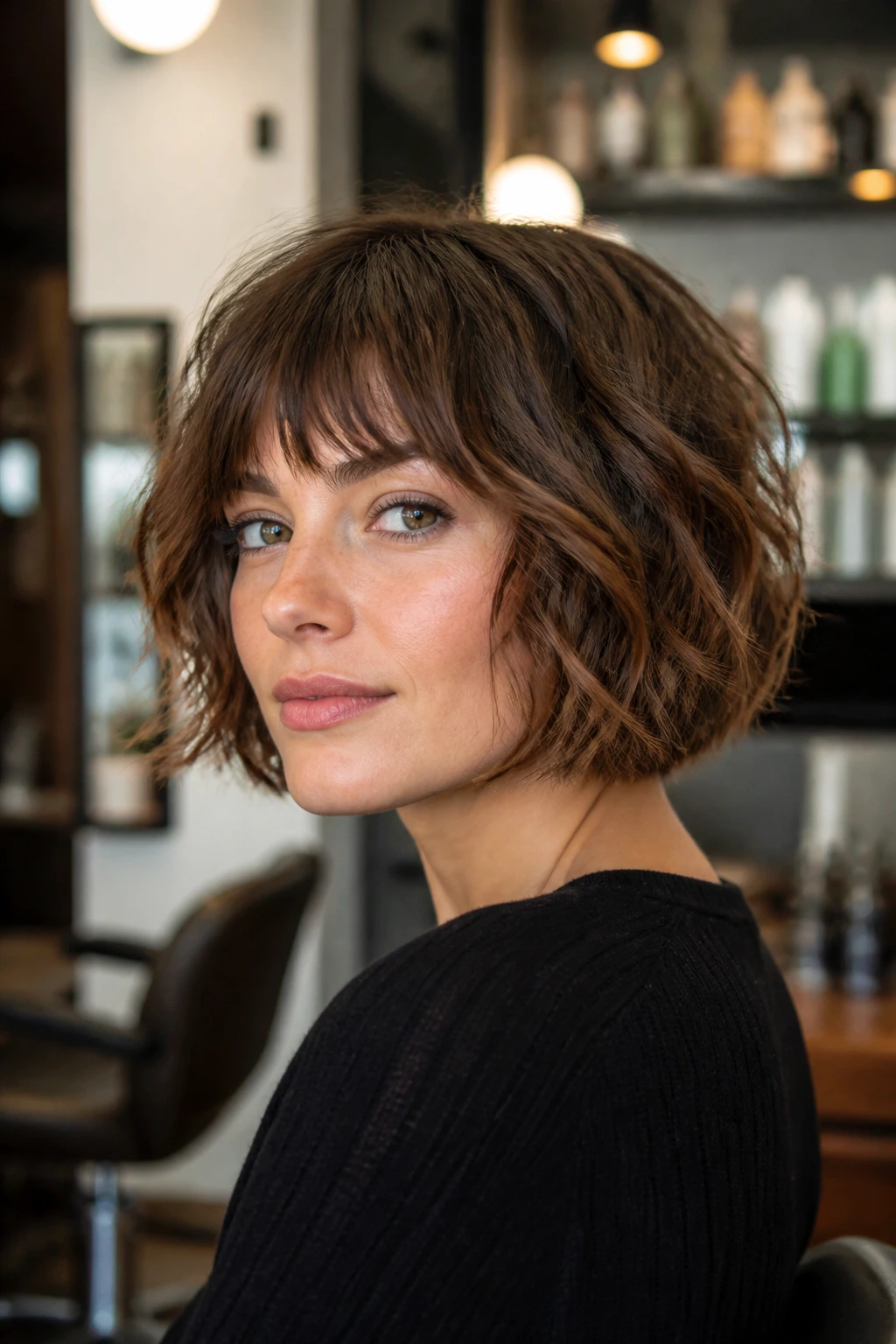 Portrait of a woman with jaw-grazing Italian shag Bob and wavy hair