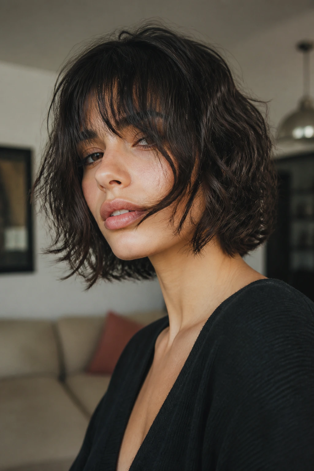 Close-up portrait of jaw-grazing shag with lip-length bangs on a real woman
