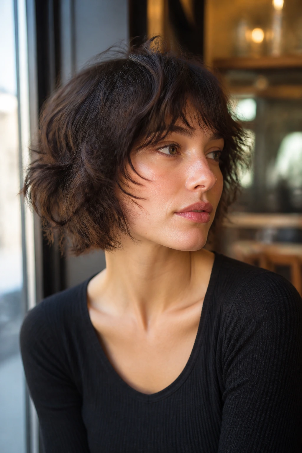 Real person with jaw-length shag and piecey ends