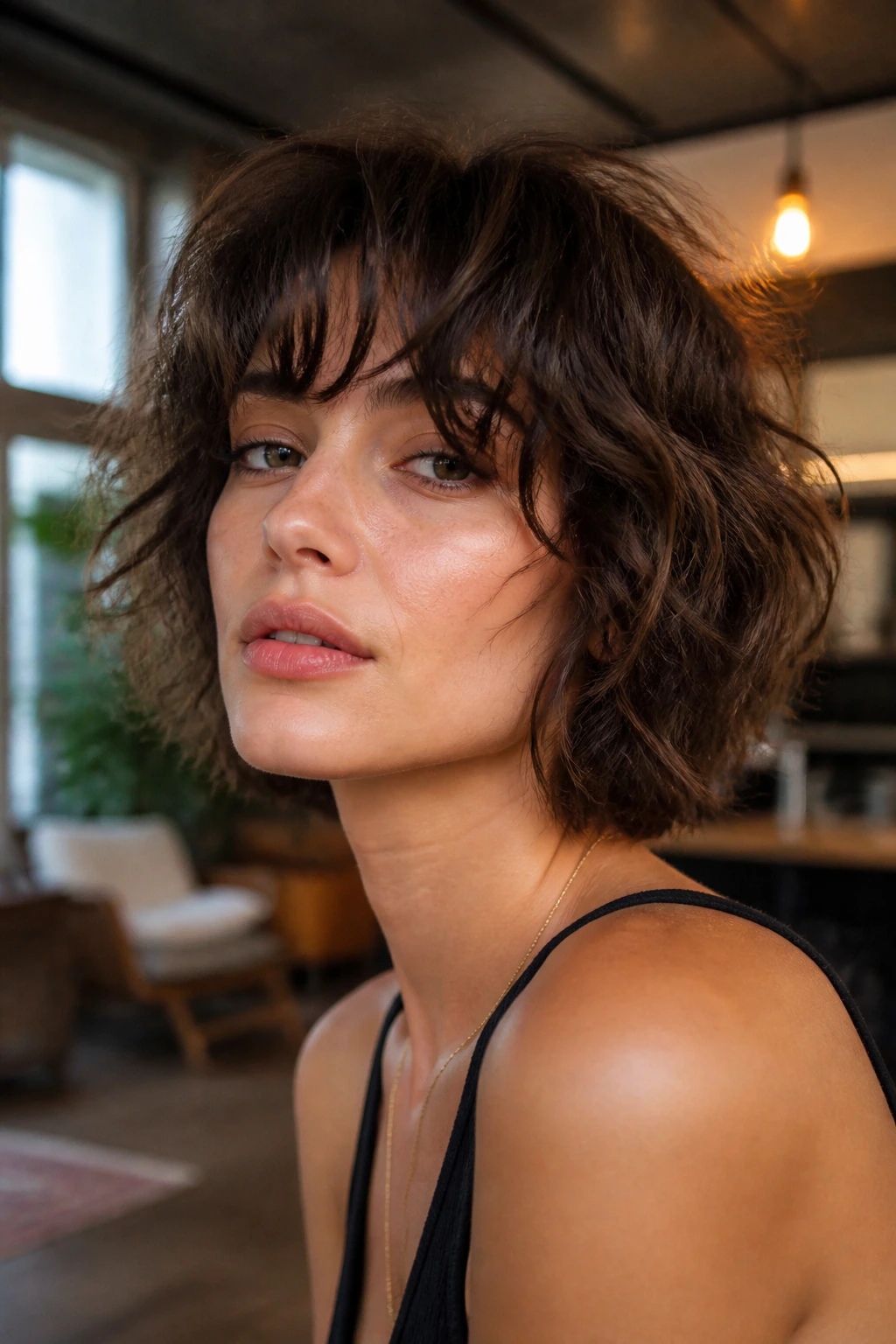 Real woman with jaw grazing shag hairstyle