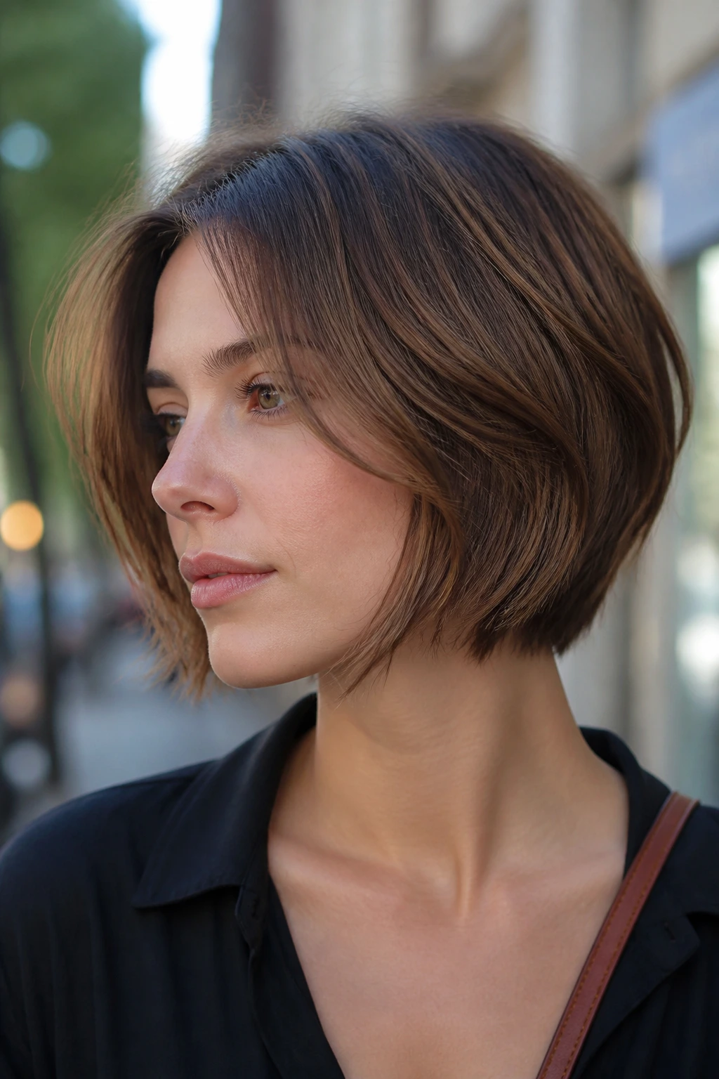 Portrait of a woman with jaw-grazing stacked bob and soft layers.