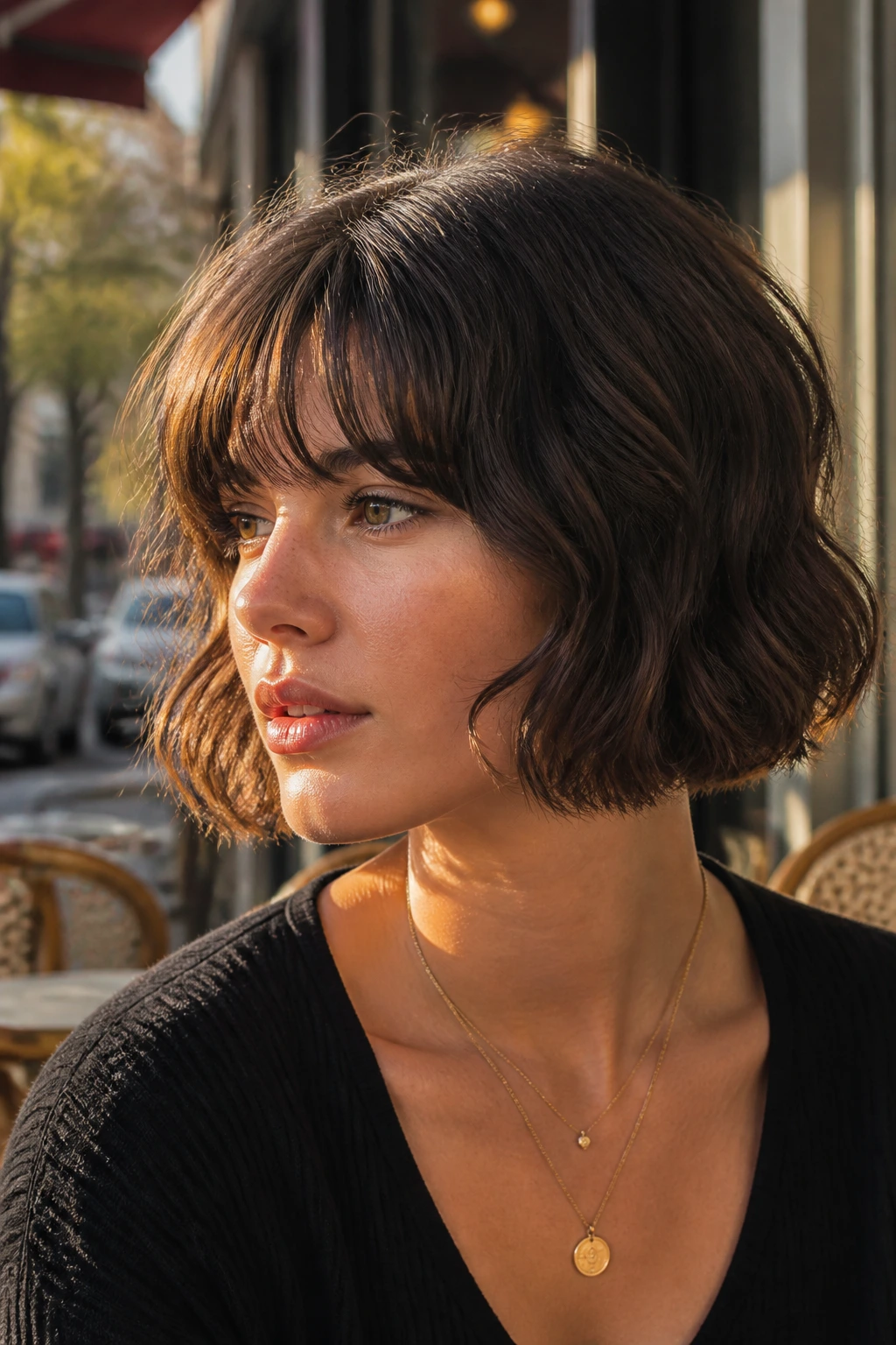 Close-up of a real woman with jaw-length wavy bob and blunt ends