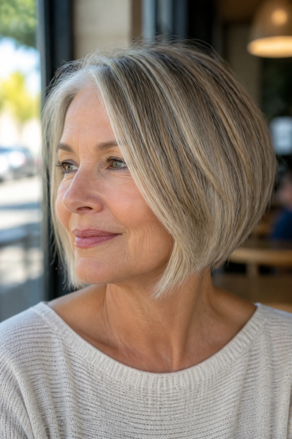 Portrait of a real woman with a jaw-length A-line bob in natural daylight.
