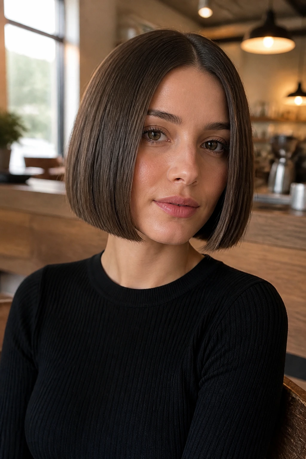Woman with jaw-length blunt bob and center-parted hair.