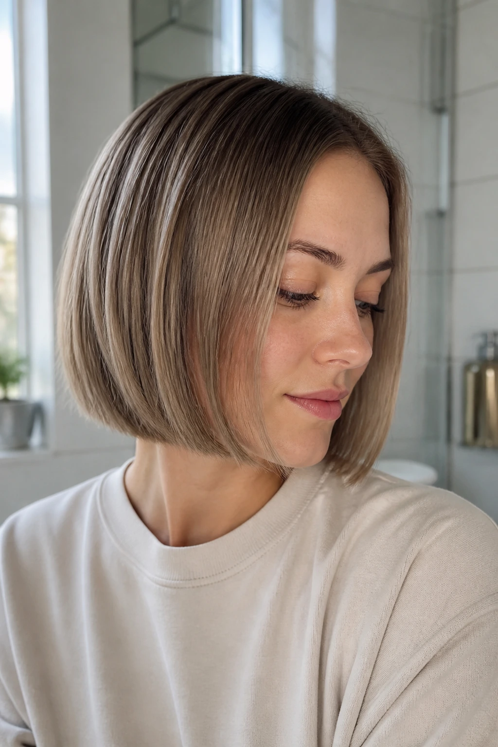 Close-up of a real woman in a jaw-length blunt bob with hidden texture