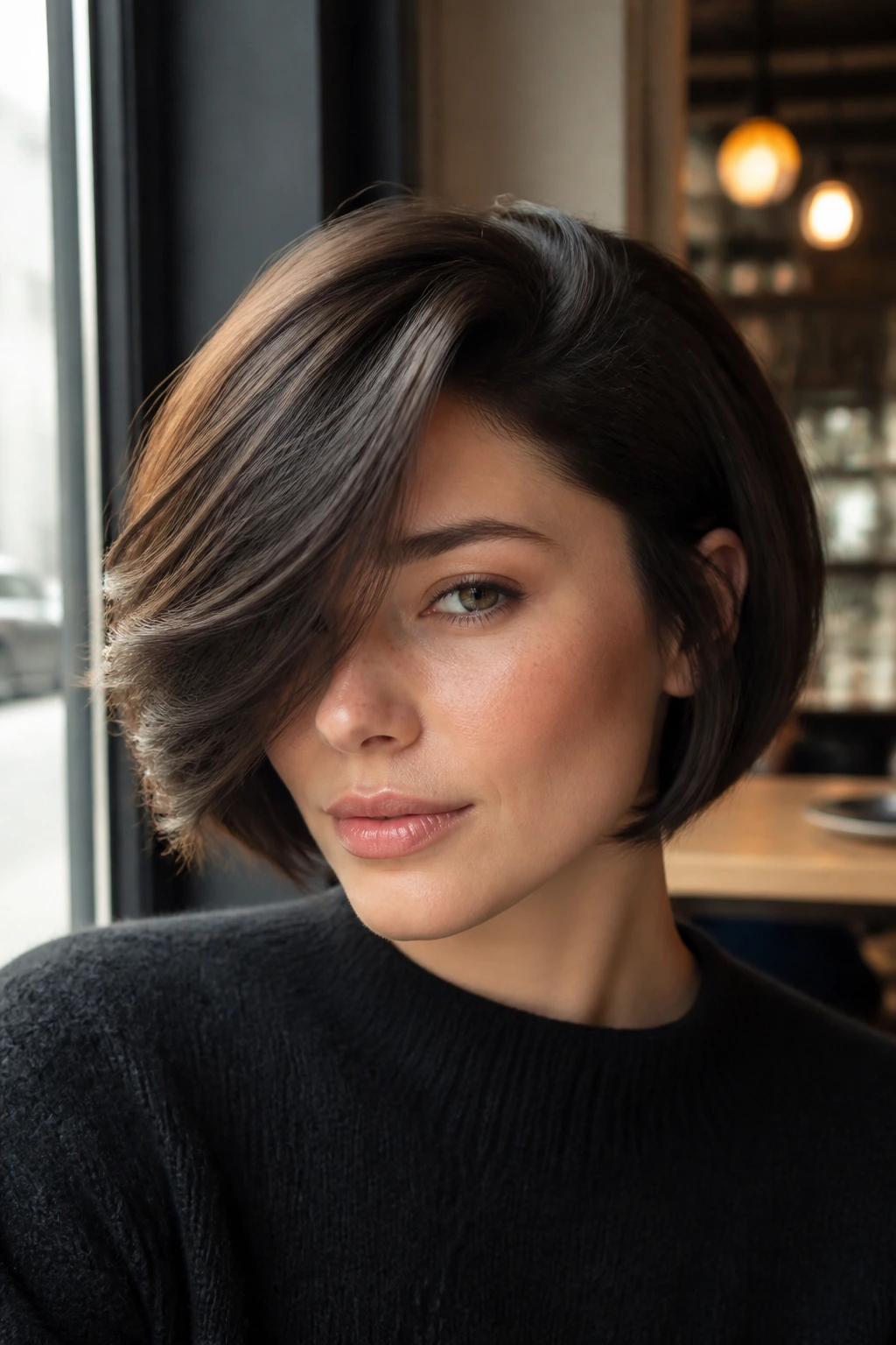 Close-up of real woman with jaw-length bob and dramatic swoop in cafe light