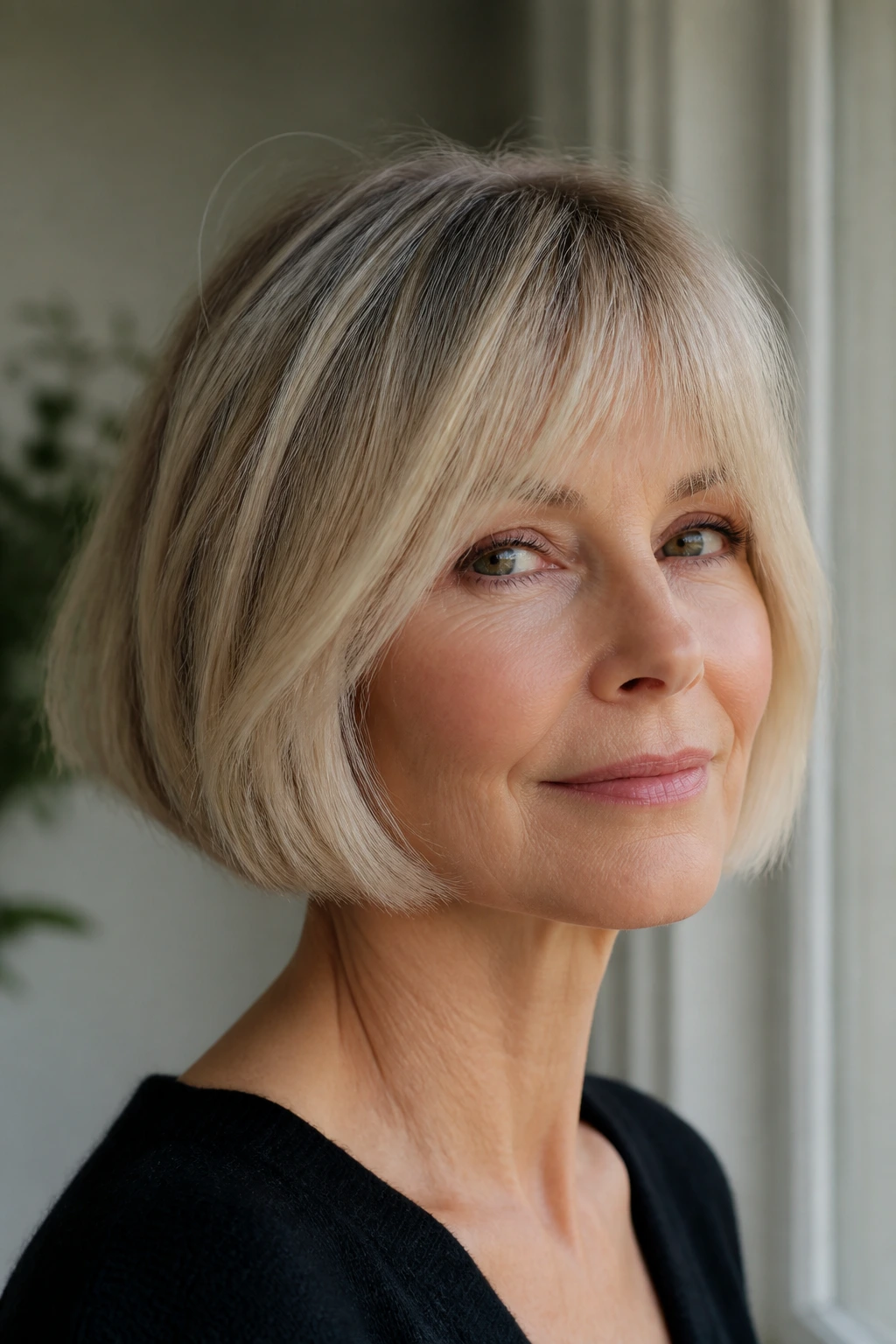 Close-up of a real person with a jaw-length French bob in creamy beige blonde