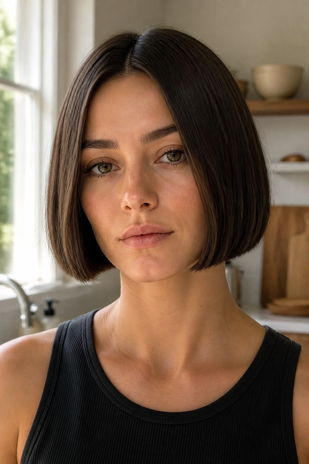 Close-up portrait of a real woman with a jaw-length one-length bob