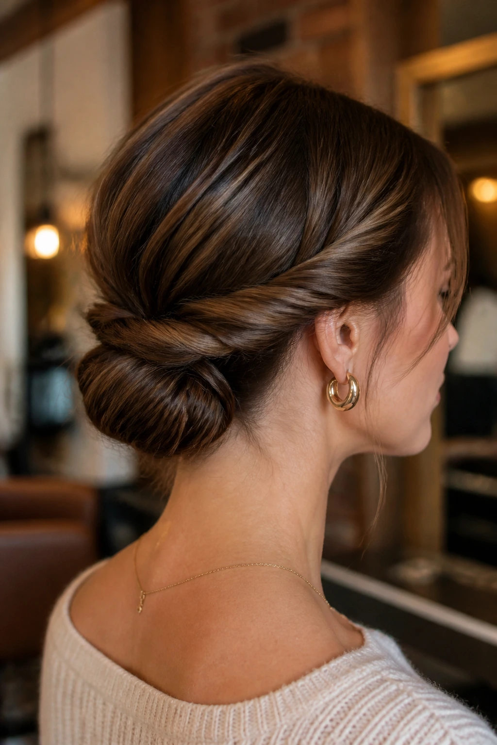 Close-up side view of jaw-length bob with twisted low chignon at the nape.