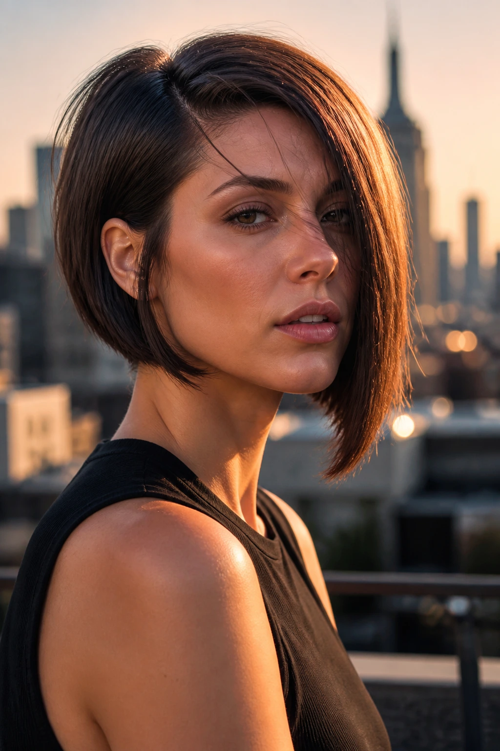 Close-up of real woman with crisp jaw-length asymmetrical bob and defined jawline