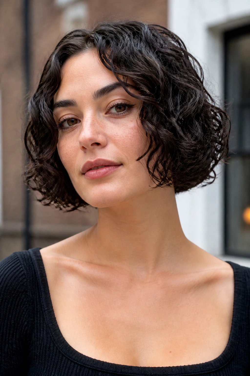 Close-up of real woman with jaw-length bob showing a bold blunt line and defined curls