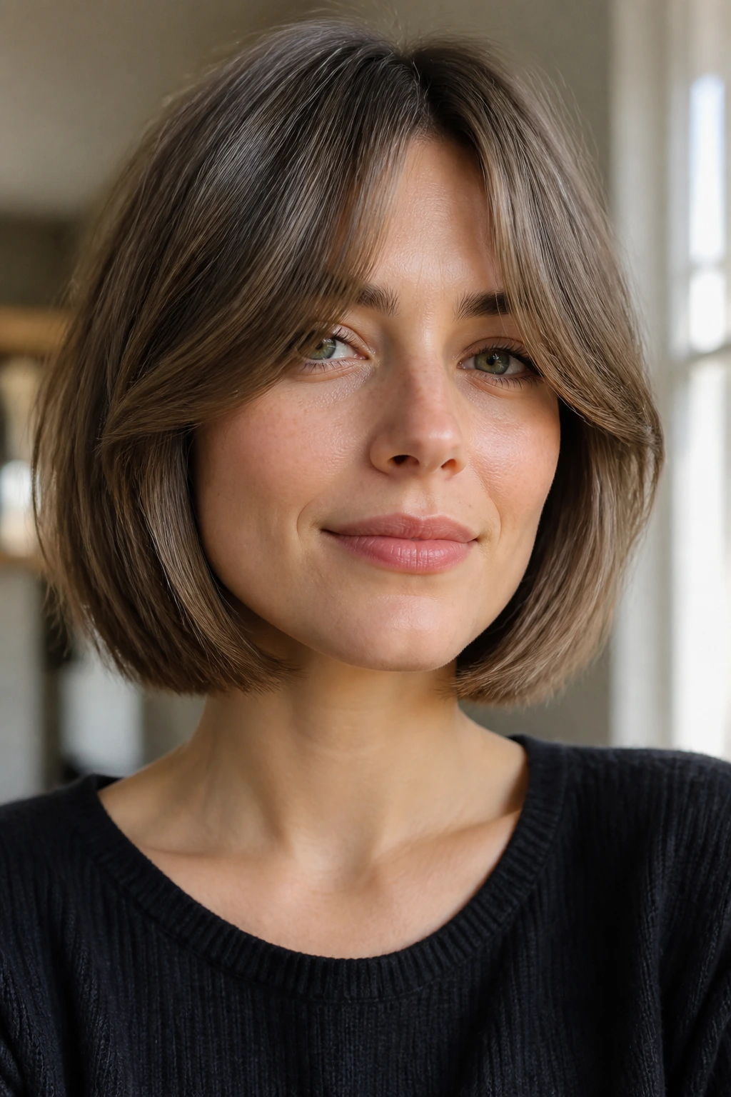 Close-up portrait of a real woman with jaw-length bob and curtain bangs, natural light