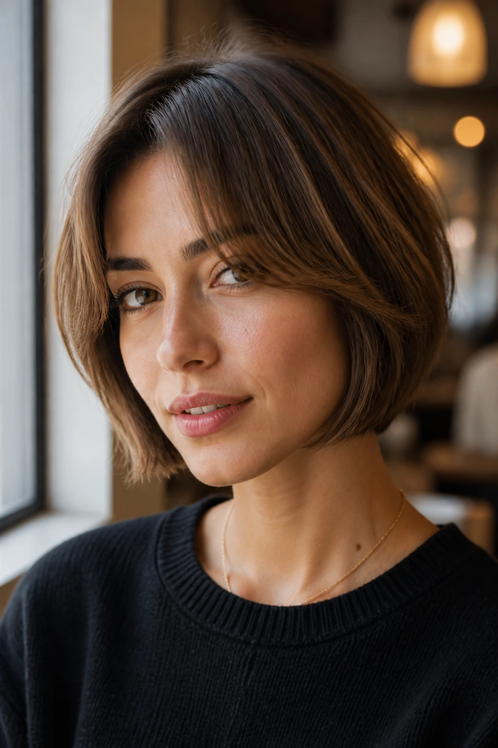 Portrait of a woman with a jaw-length bob and curtain bangs