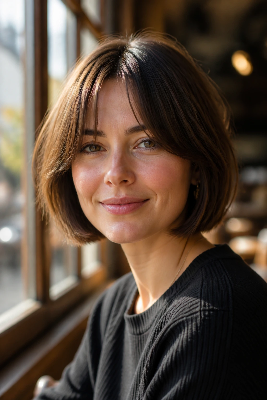 Close-up of a woman with a jaw-length bob and curtain bangs