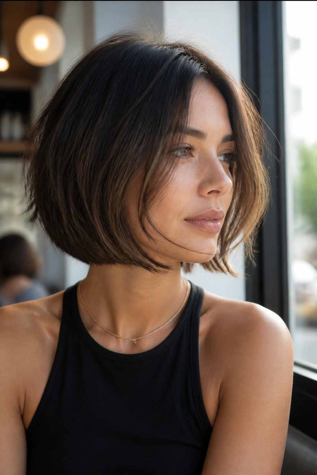 Close-up of real woman with jaw-length bob and face-framing pieces