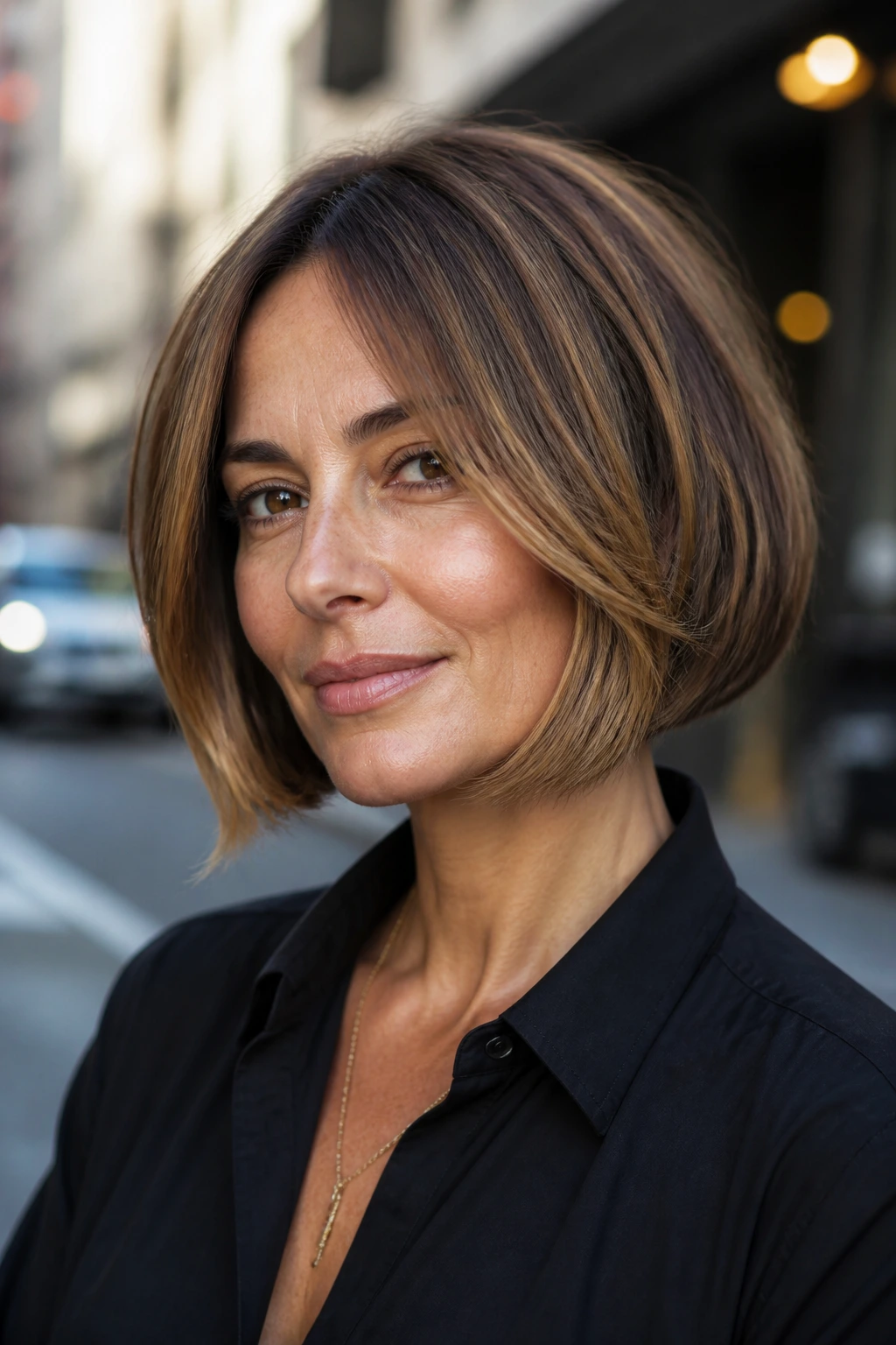 Close-up portrait of a real woman with a jaw-length bob and face-framing pieces.