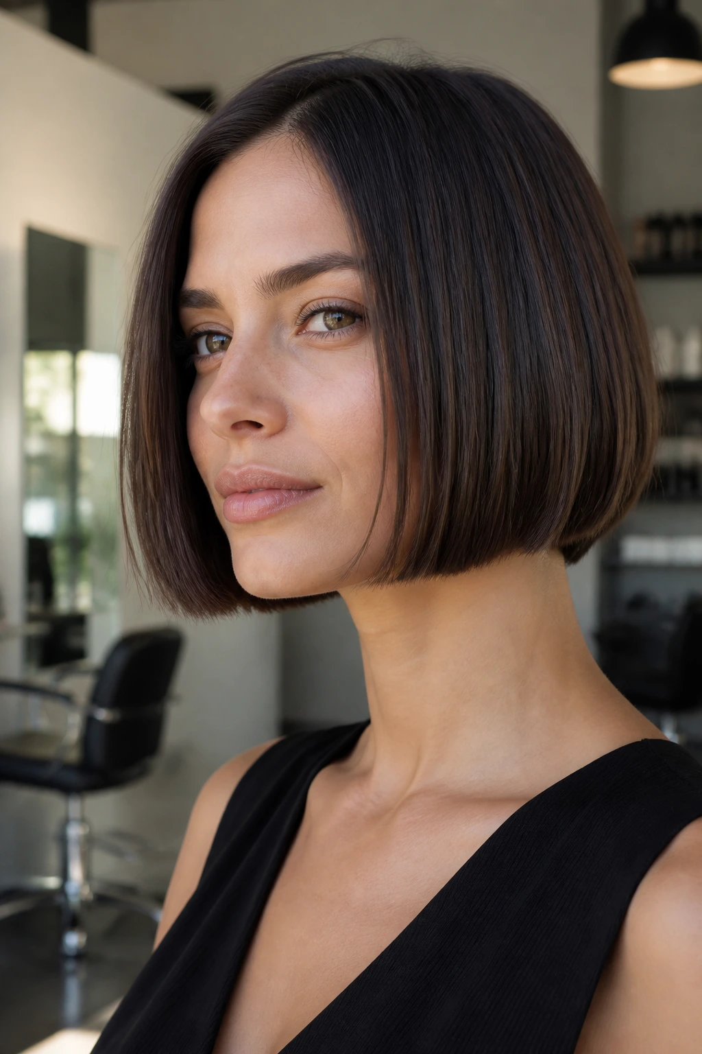 Close-up of a real woman with a jaw-length Italian bob in a chic salon