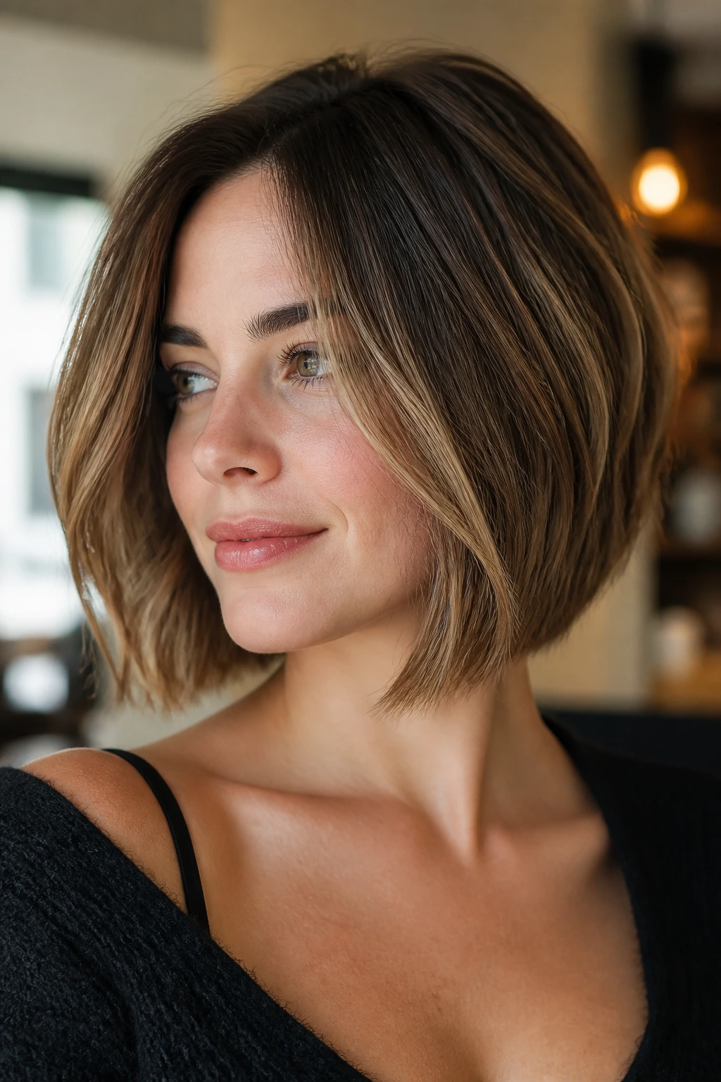 Close-up portrait of jaw-length layered bob