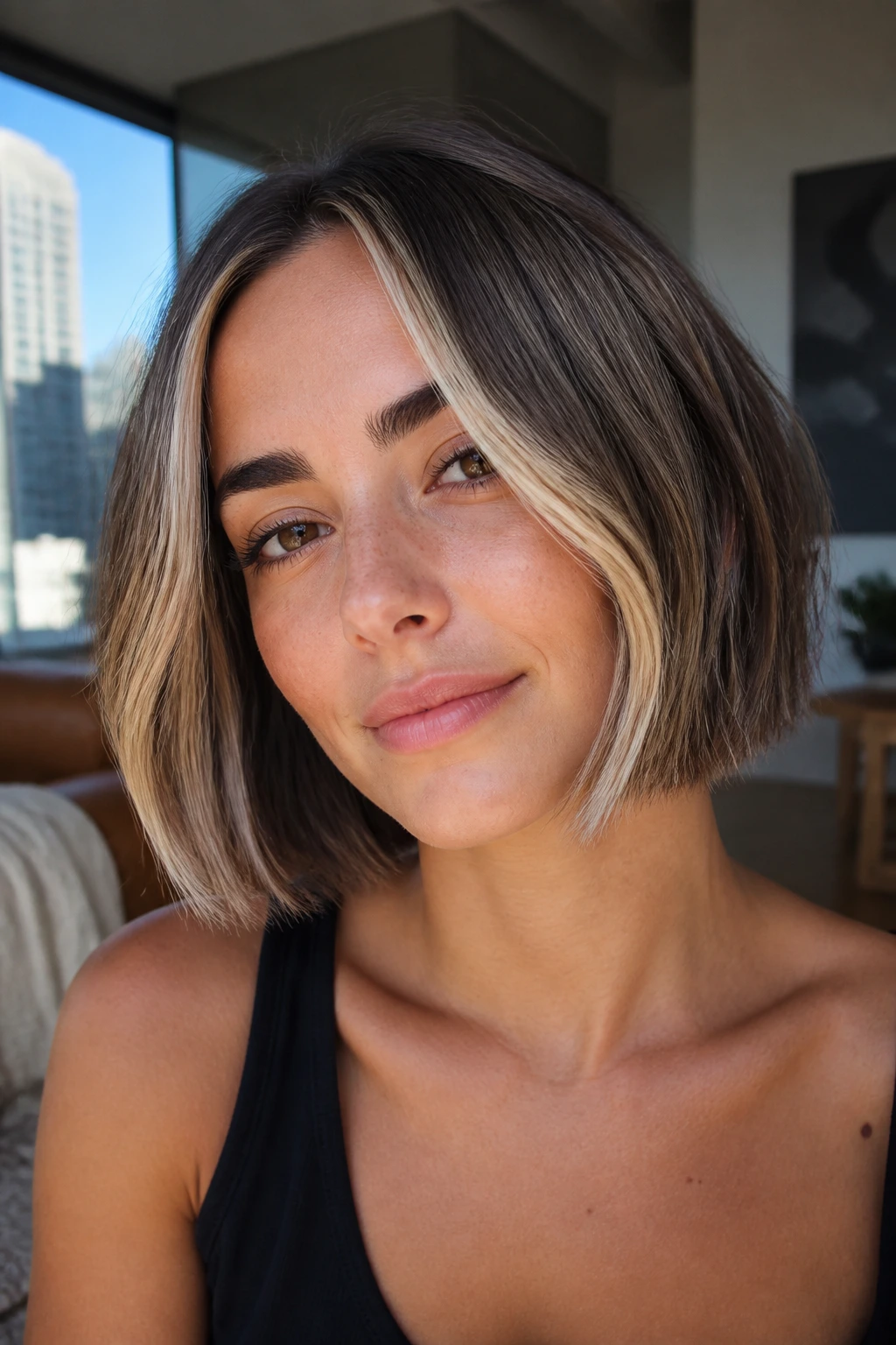 Close-up portrait of a real woman with jaw-length bob and money piece highlight