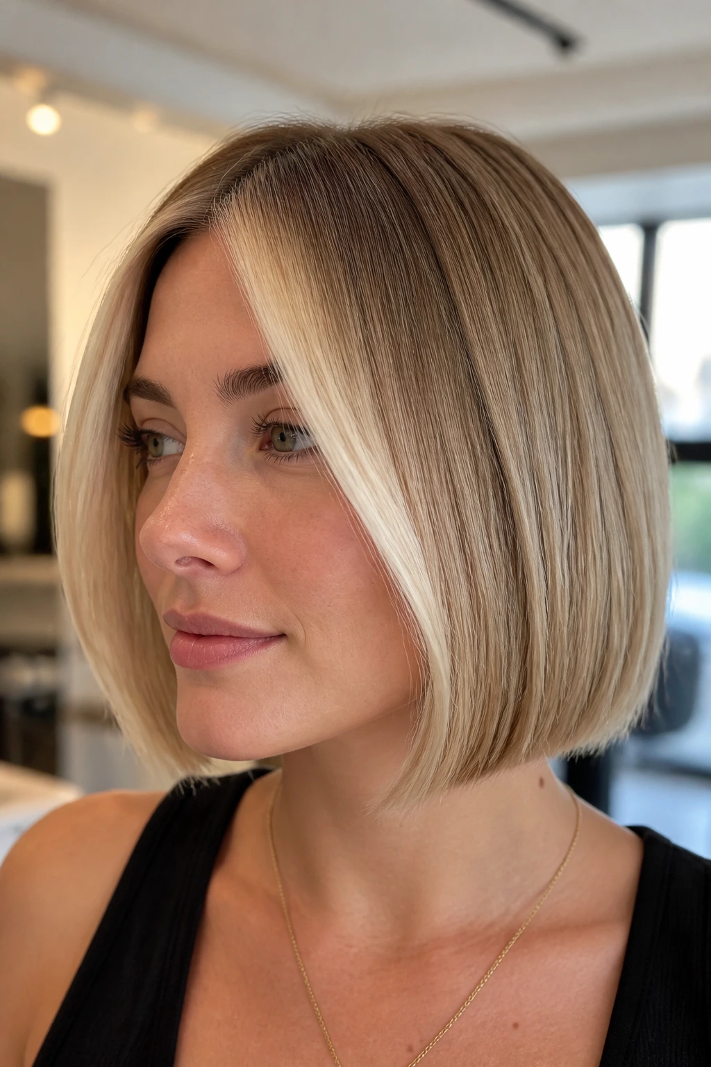 Close-up of jaw-length blonde bob with narrow cream-blonde ribbon at temples