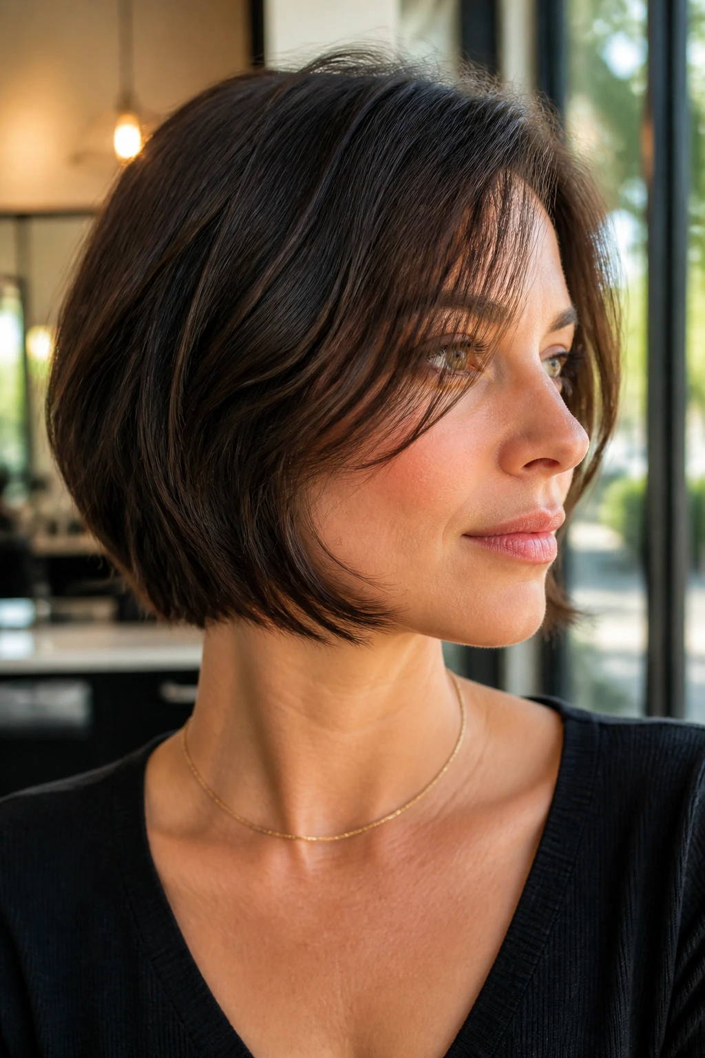 Close-up portrait of a real woman with a jaw-length bob featuring minimalist layers and movement