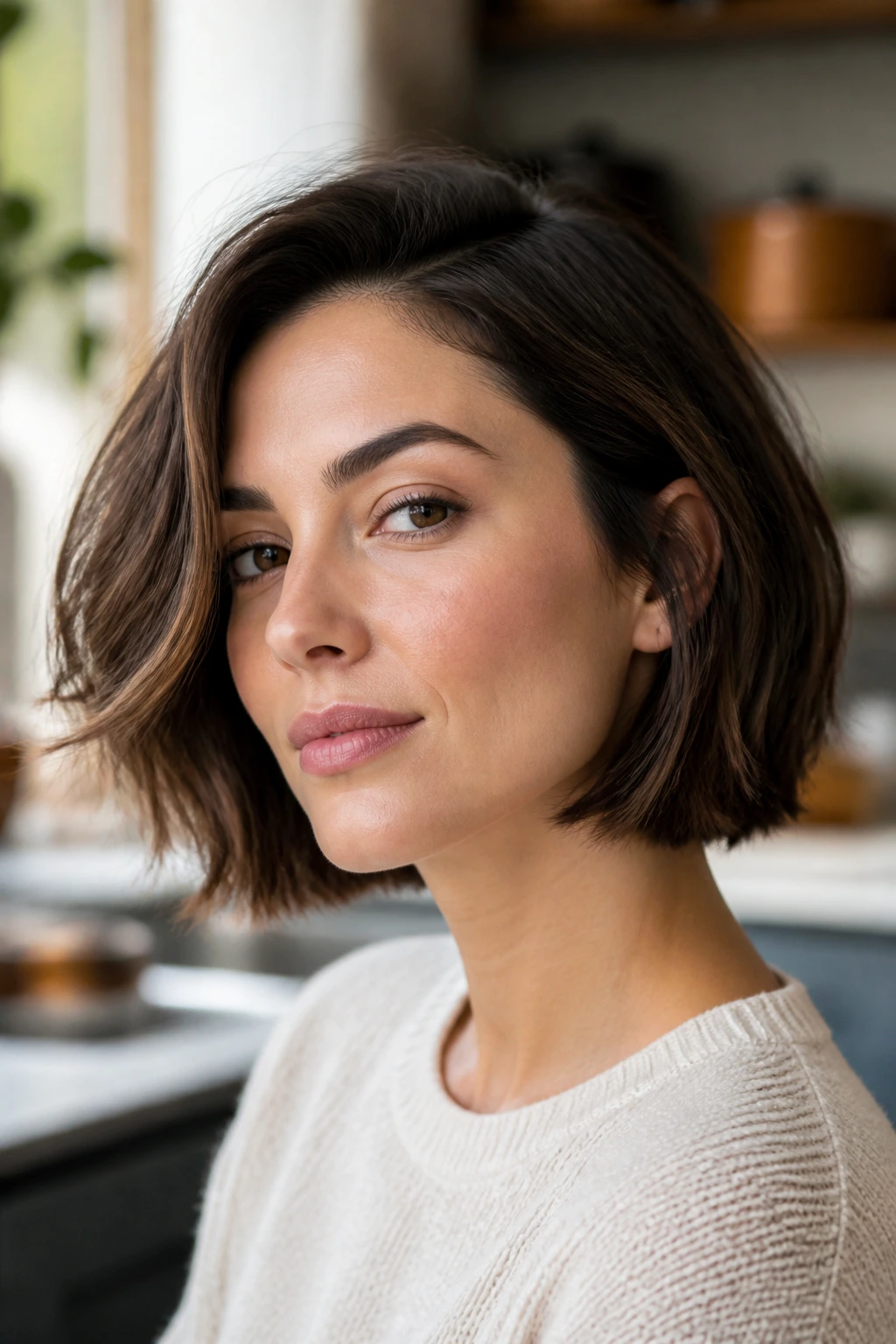 Portrait of a real woman with a jaw-length bob showing soft movement and side-part
