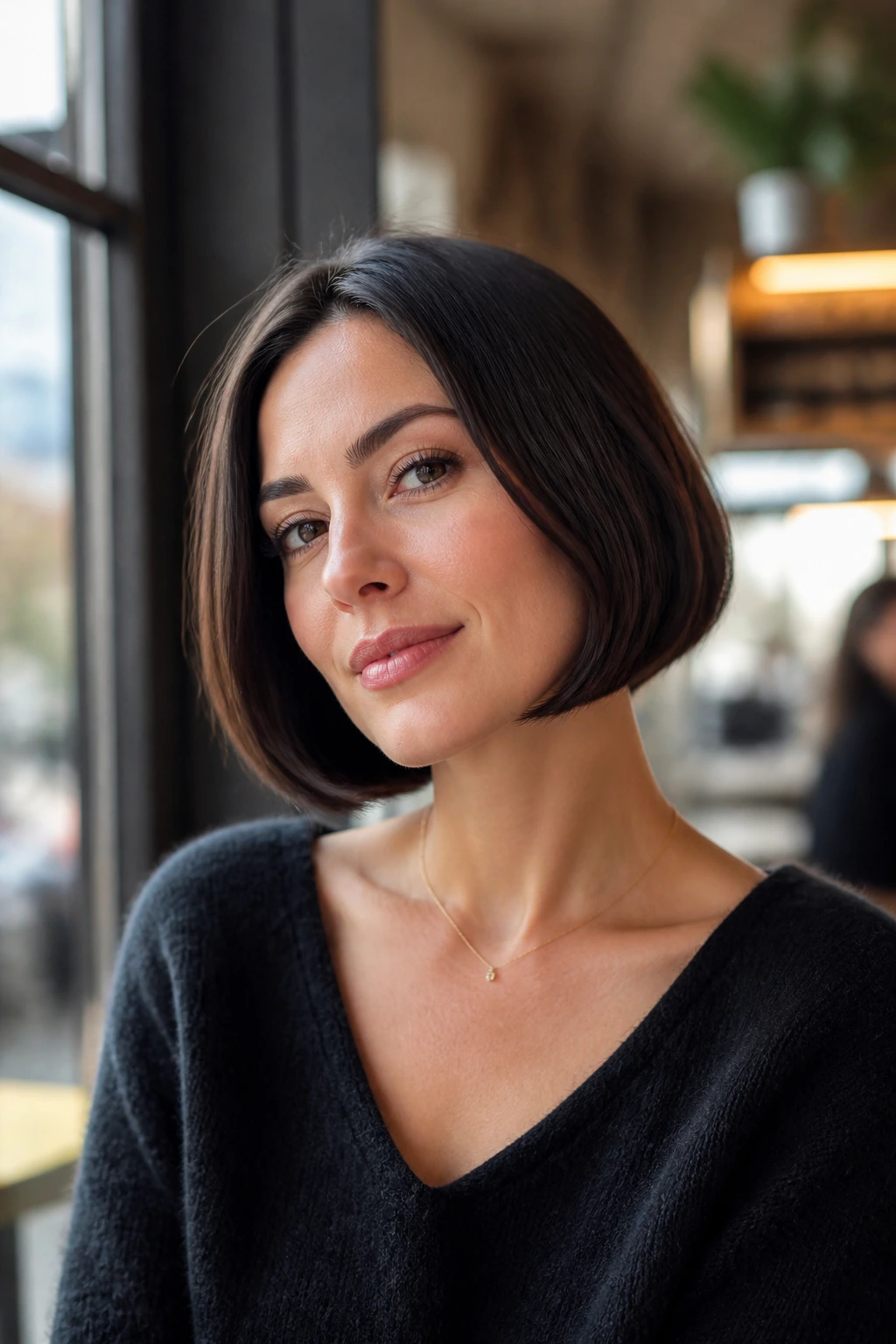 Portrait of a real person with a jaw-length bob and tucked-in ends
