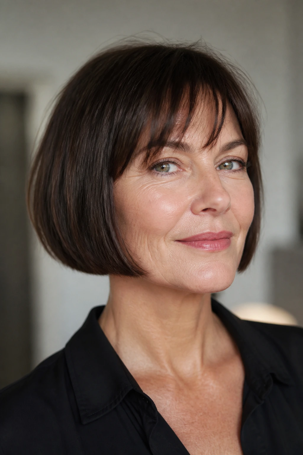 Close-up portrait of a real woman with a jaw-length French bob