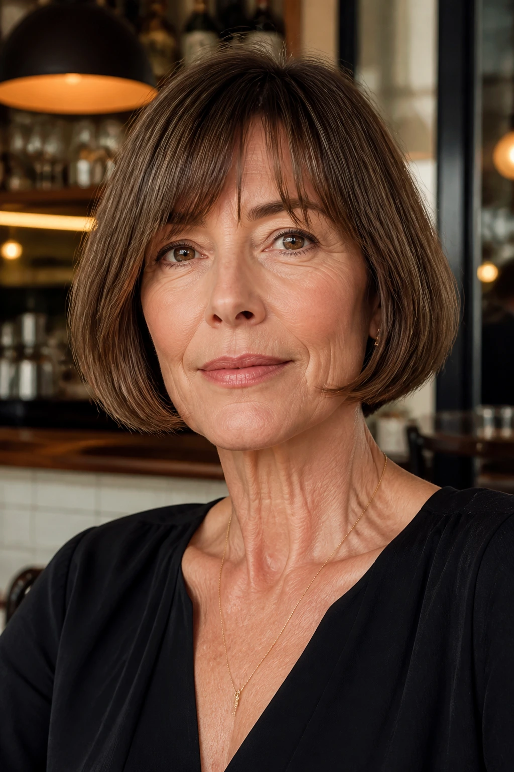 Portrait of a real woman with a jaw-length French bob and defined jawline in cafe light.