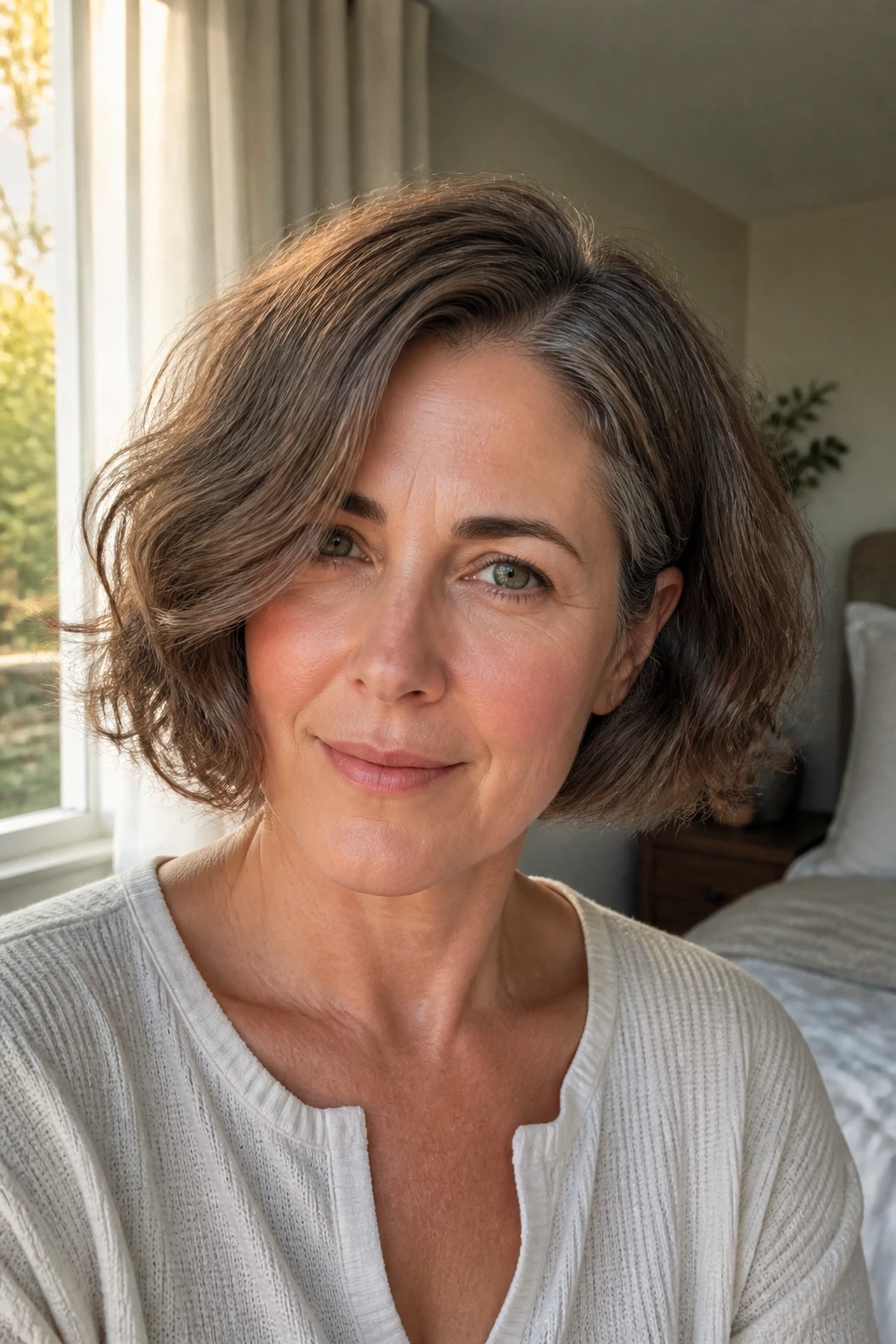 Close-up of a woman with a jaw-length bob and clean side part in natural window light