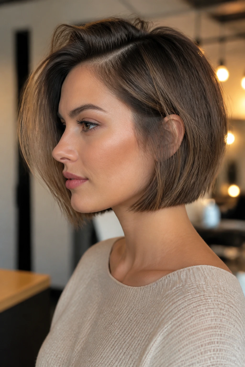 Side-profile portrait of a jaw-length side-part bob on a real woman.