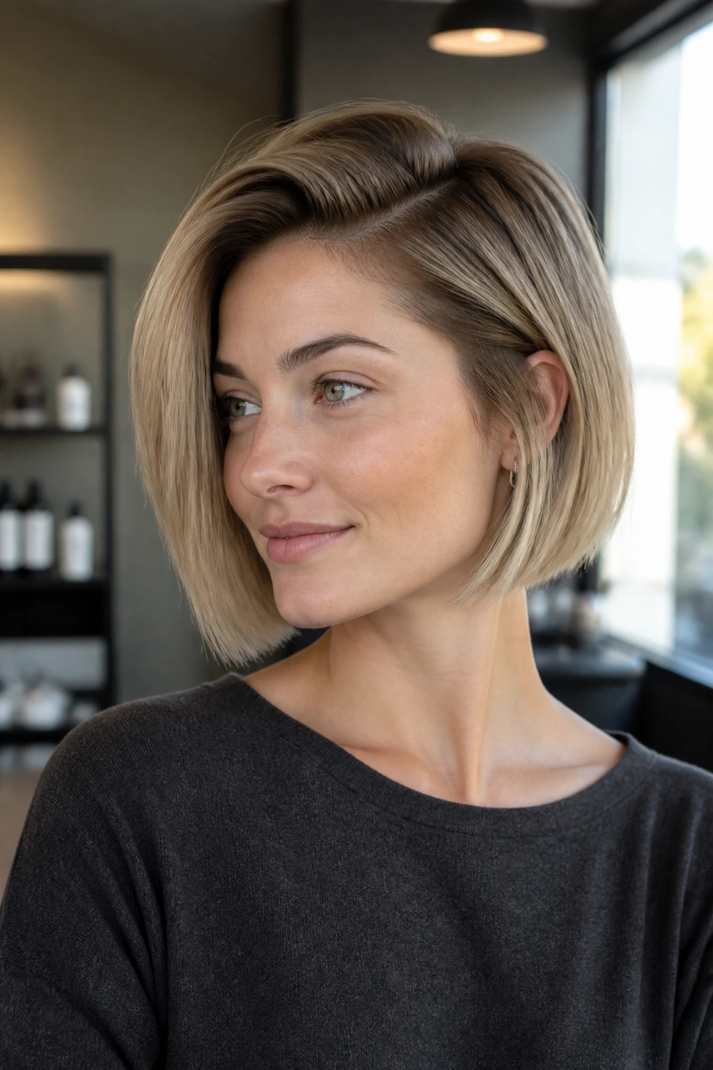 Real person with jaw-length bob and side part showing lift at roots.