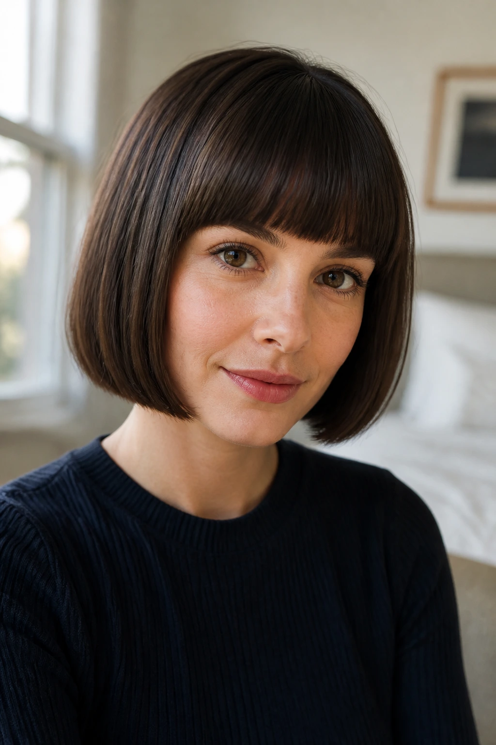 Portrait of a real person with a jaw-length bob and straight-across bangs.