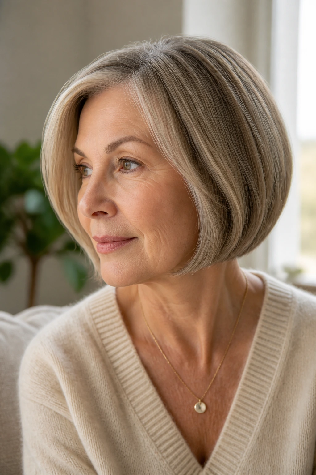 Close-up of an older woman with a jaw-length tapered bob