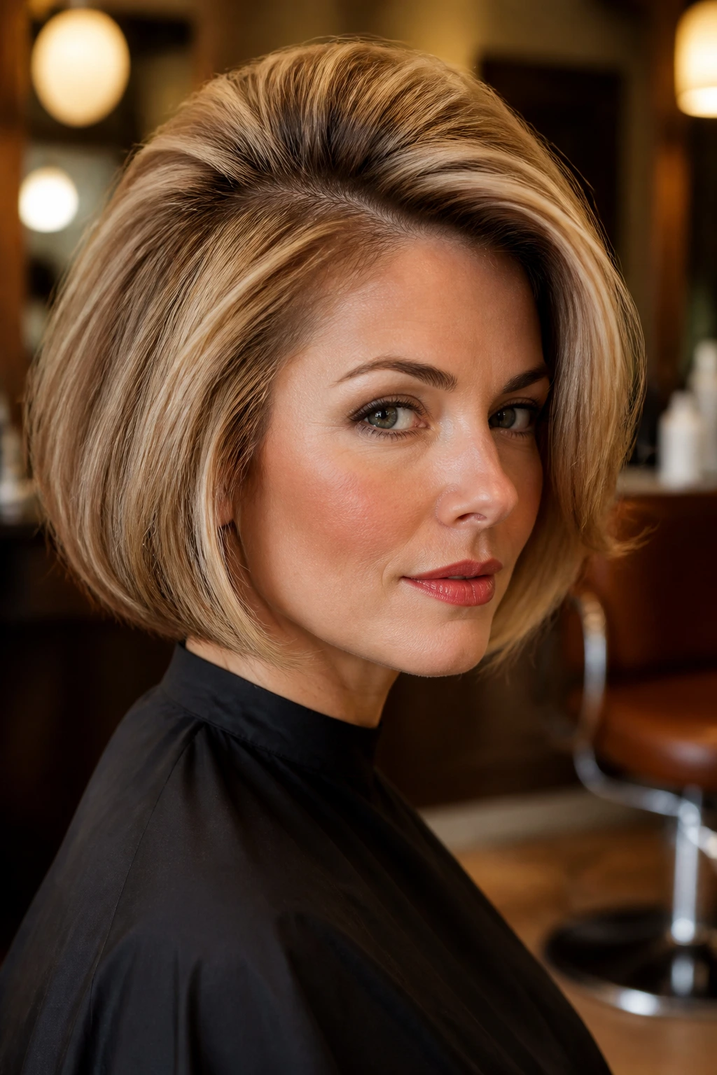 Close-up portrait of a real woman with a jaw-length bob and teased crown in a vintage salon setting